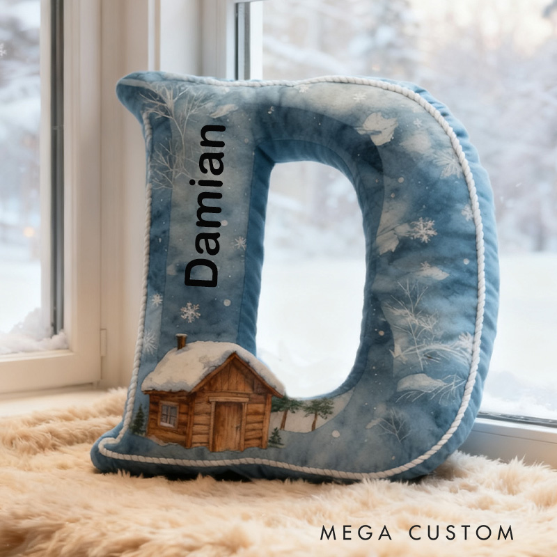 Personalized Letter Pillow Graphic 3D Print Custom Name Cozy Home Decor with Tranquil Winter Cabin Design Soft Accent Cushion Perfect New Home Gift