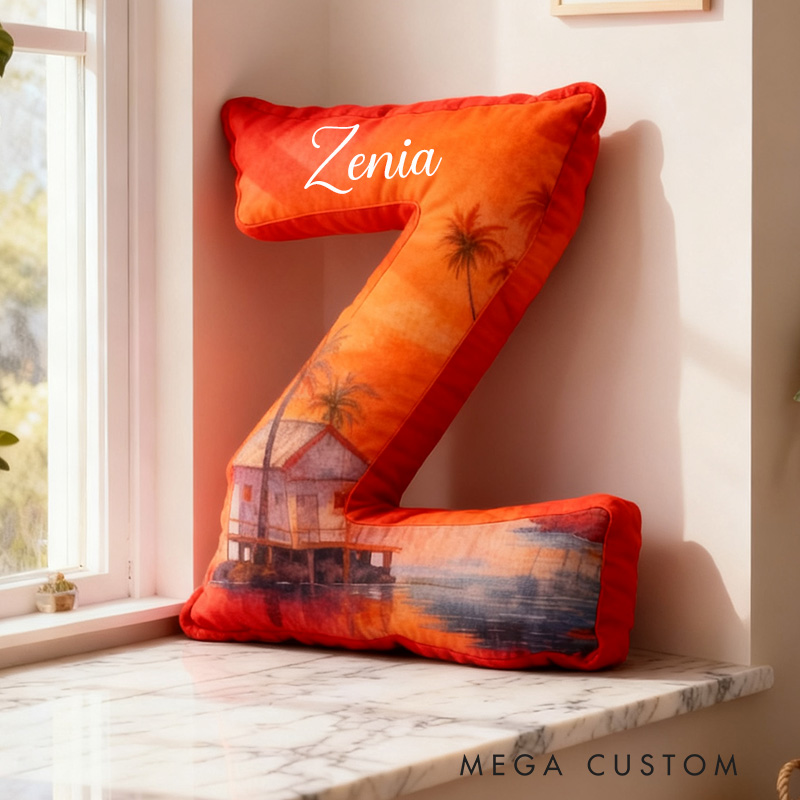 Personalized Letter Pillow Graphic 3D Print Custom Name Cozy Home Decor with Tropical Sunset Beach Design Soft Accent Cushion Housewarming Gift