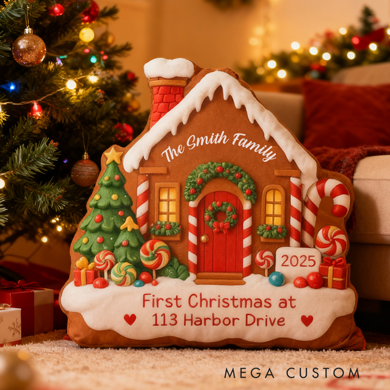 Personalized Christmas Pillow Graphic 3D Print Custom Names and Address Cozy Holiday Decor with Festive Gingerbread House Design Soft Accent Cushion