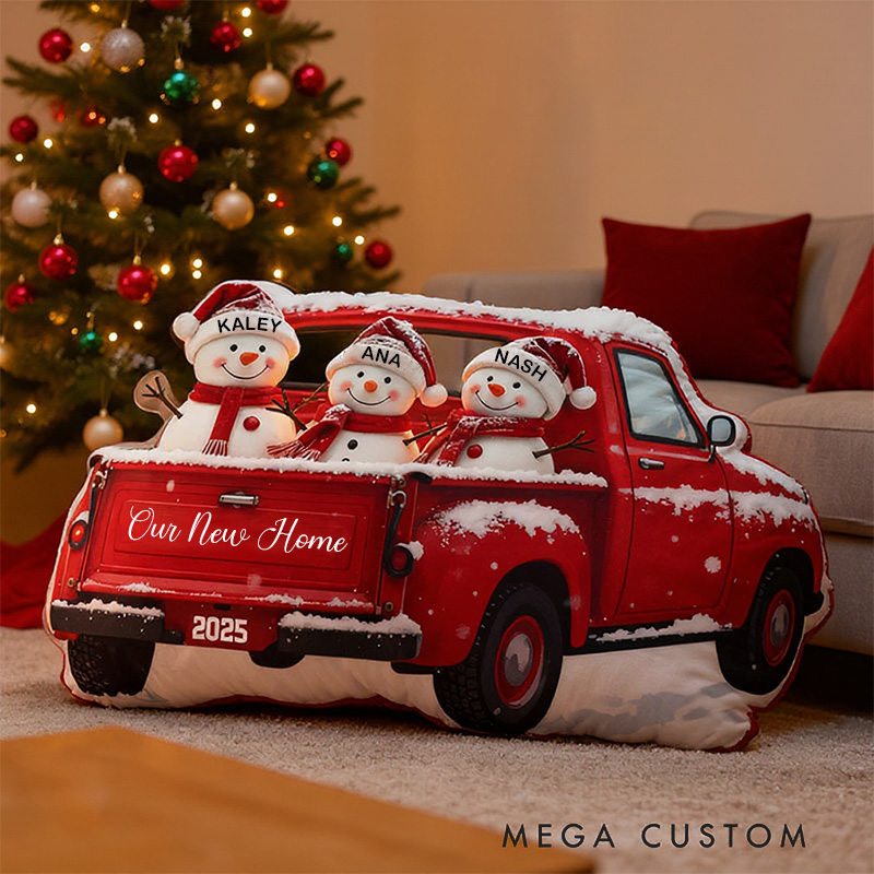 Personalized Holiday Pillow Graphic 3D Print Custom Family Names Cozy Christmas Decor with Festive Truck and Snowman Design Soft Accent Cushion