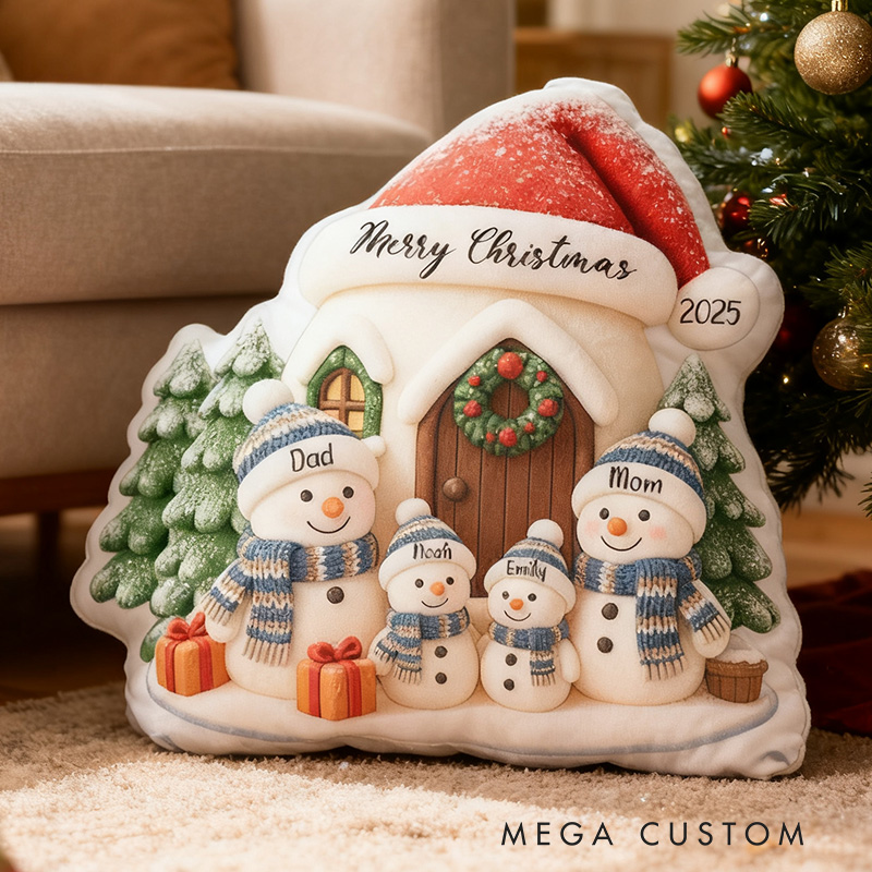 Personalized Christmas Pillow Graphic 3D Print Custom Family Names Cozy Holiday Decor with Snowman Family and Festive House Soft Accent Cushion Gift