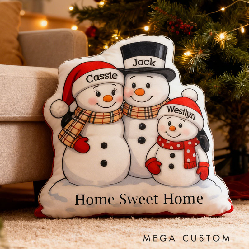 Personalized Family Pillow Graphic 3D Print Custom Names Cozy Holiday Decor with Snowman Family Design Soft Accent Cushion Perfect Gift