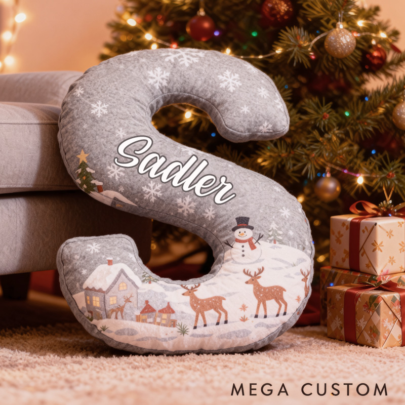 Personalized Christmas Gray Letter Pillow Graphic 3D Print Custom Name Cozy Holiday Decor with Winter Scene Snowman and Deer Design Soft Christmas Gift