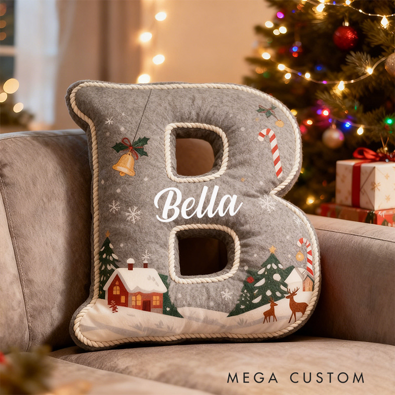 Personalized Christmas Letter Pillow Graphic 3D Print Custom Name Cozy Holiday Decor with Festive Winter Scene Candy Cane and Deer Design