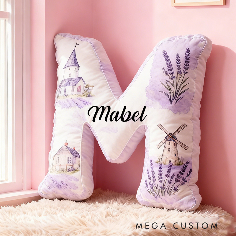Personalized 26 Letter Pillow Graphic 3D Print Custom Name Cozy Home Decor with Lavender and Windmill Design Perfect Gift Idea for Any Room