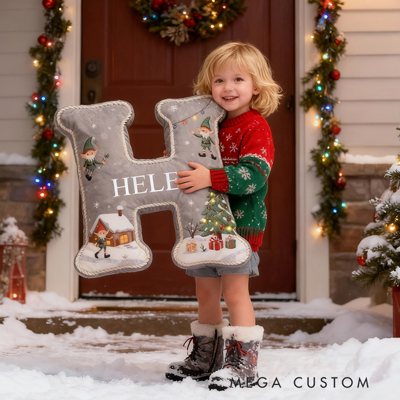 Personalized Gray Christmas Pillow Graphic 3D Print Custom Name Cozy Holiday Decor with Festive Elf and Christmas Tree Design Cushion Perfect Gift