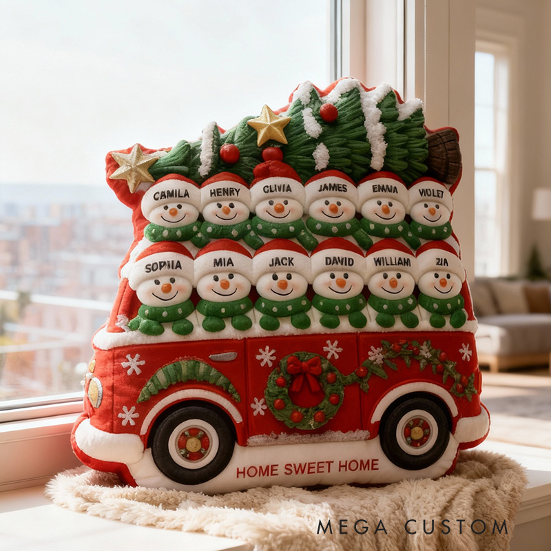 Personalized Christmas Pillow Graphic 3D Print Custom Family Names Cozy Holiday Decor with Snowman and Festive Bus Design Perfect Seasonal Gift Idea