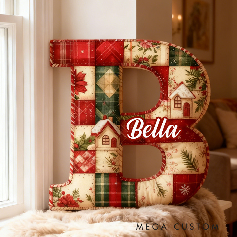 Personalized Retro Christmas Letter Pillow Graphic 3D Print Custom Name Cozy Holiday Decor with Patchwork and Cottage Design Perfect Seasonal Gift