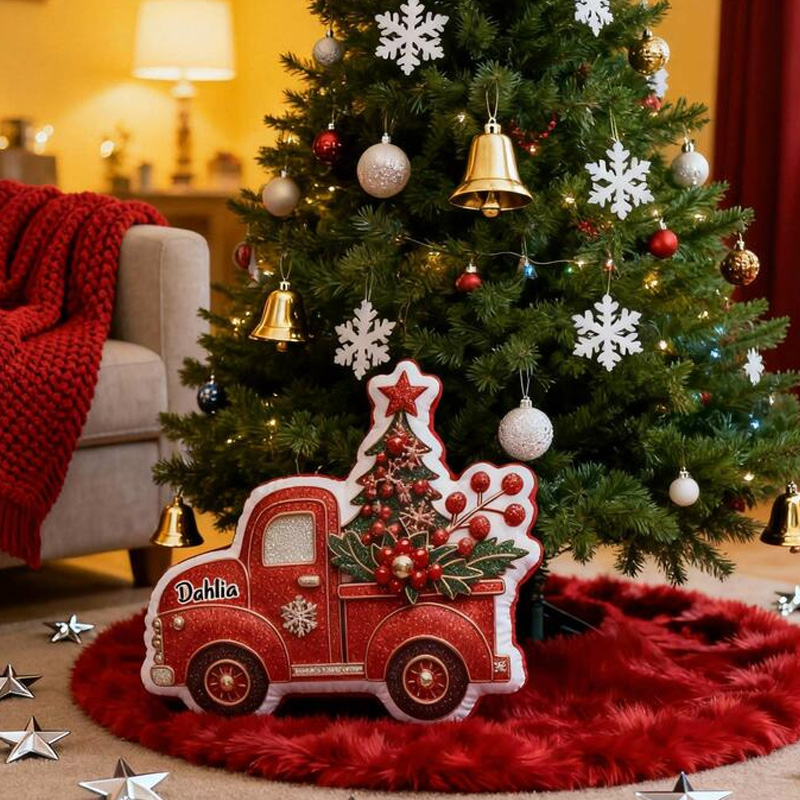 Personalized Christmas Truck Pillow Graphic 3D Print Featuring Festive Tree and Berries Customizable Name Soft Cushion for Holiday Decor Perfect Gift