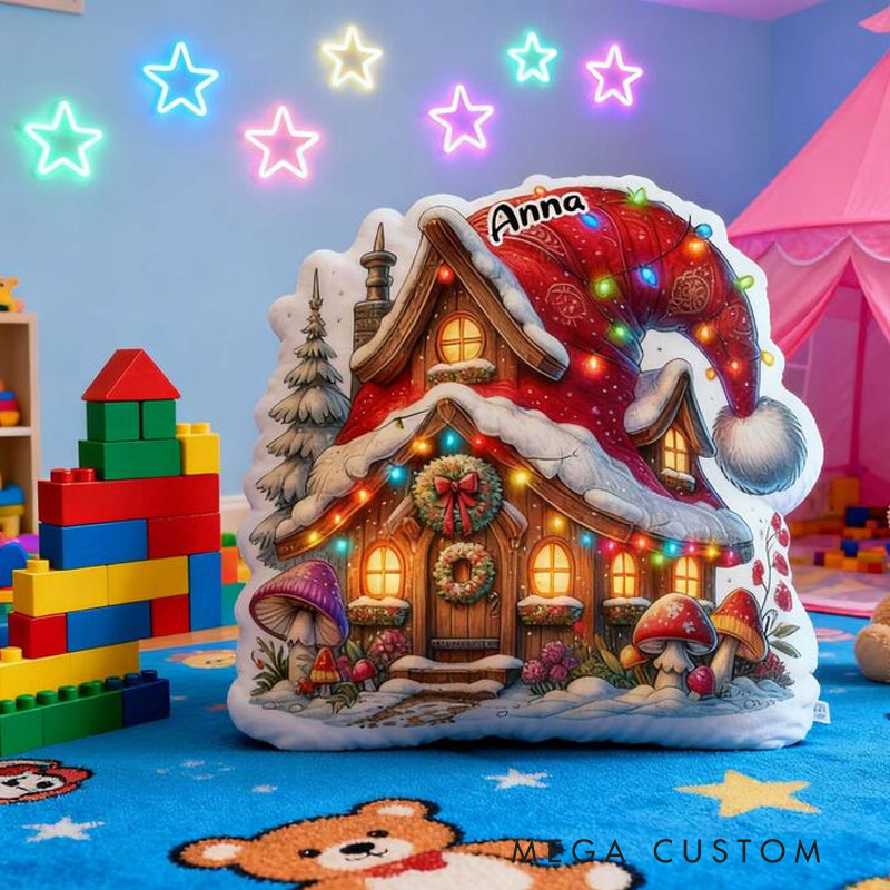 Personalized Holiday Cottage Pillow Graphic 3D Print Featuring Cozy Cabin and Festive Lights Customizable Name Soft Cushion for Christmas Decor Gift