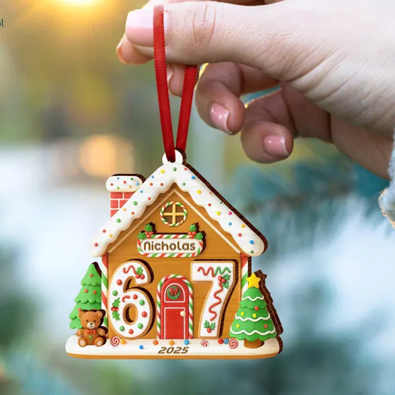 Personalized Six Seven Gingerbread House Wood Ornament Custom 67 Gen Z Slang Ornament Xmas Gift for Kids Christmas 67 Ornament Funny Kids Gift