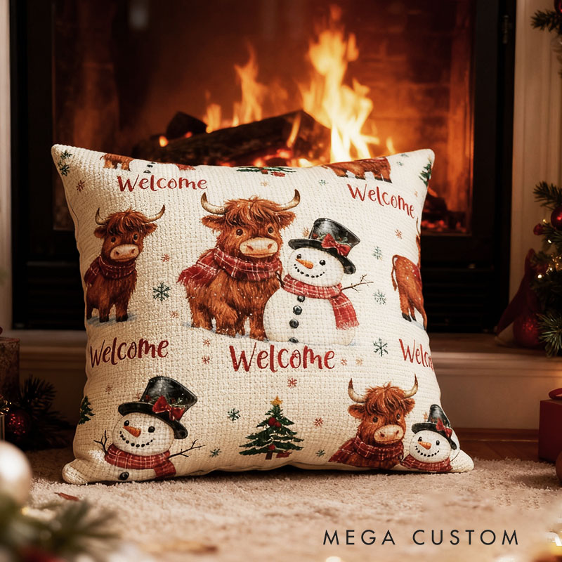 Personalized Holiday Pillow with Highland Cow and Snowman Design Cozy Christmas Decor Featuring Festive Cushion for Home Seasonal Accent Gift