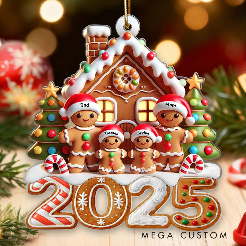 Personalized 2025 Gingerbread Family with Gingerbread House Custom Acrylic Ornament
