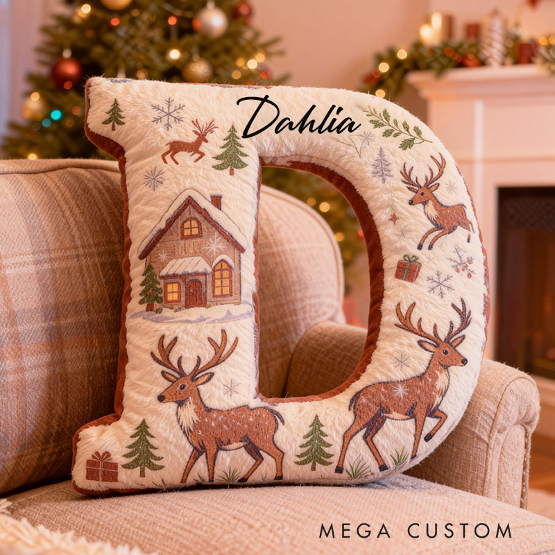Personalized Christmas Letter Pillow with Winter Scene Design Custom Name Cushion Featuring Reindeer and Cabin for Holiday Home Decor Graphic 3D Print