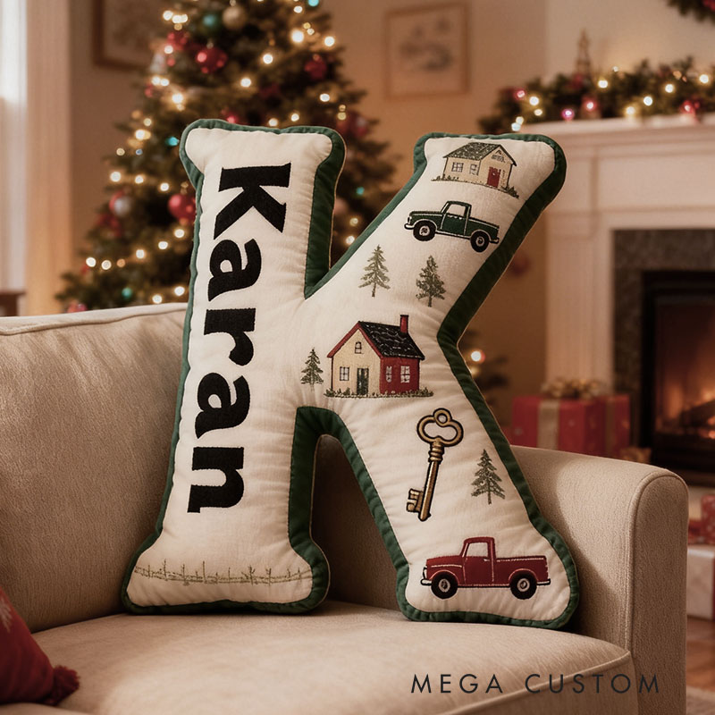 Personalized Christmas Letter Pillow with House and Truck Custom Name Festive Holiday Decor Cozy Gift for Seasonal Celebration Graphic 3D Print 