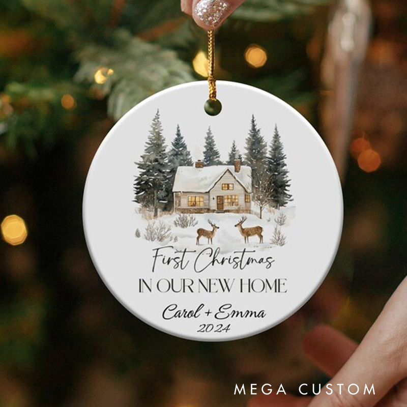 Personalized First Christmas Ornament in Our New Home 2025 Winter House Decoration with Deer Holiday Keepsake