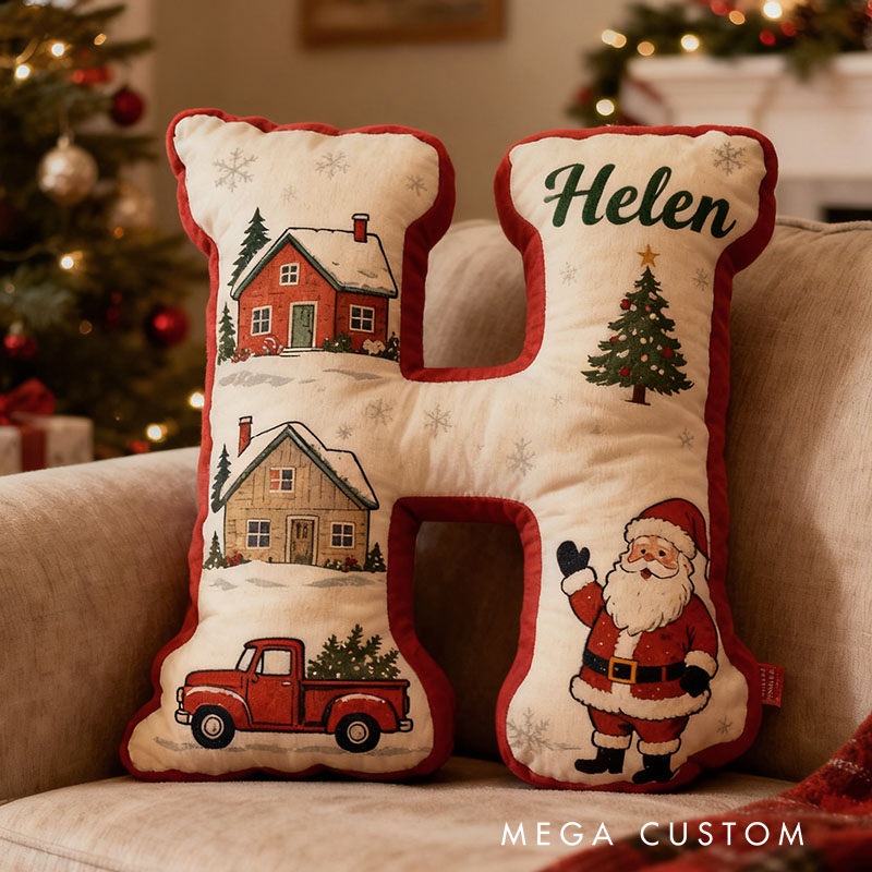 Personalized Christmas Letter Pillow Holiday Decor Custom Initial Cushion Festive Santa And Truck Design Perfect Gift For Family Or Friends