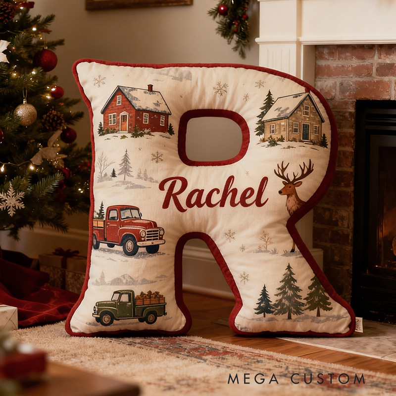 Personalized Christmas Letter Pillow Custom Festive Design With Cozy Houses Vintage Trucks And Reindeer Holiday Home Decor Gift Graphic 3D Print