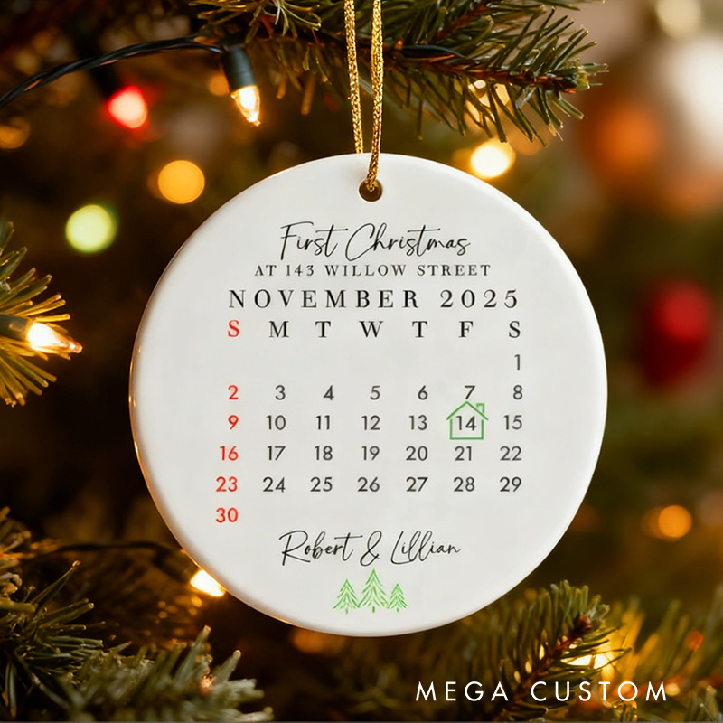 Personalized First Christmas Ornament Custom Calendar Design Elegant Ceramic Keepsake Perfect Holiday Decoration Gift For New Homeowners
