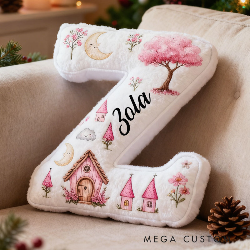 Personalized Letter Pillow Custom Enchanted Pink Castle And Nature Design Soft Cushion Magical Home Decor Perfect Gift For Kids Graphic 3D Print