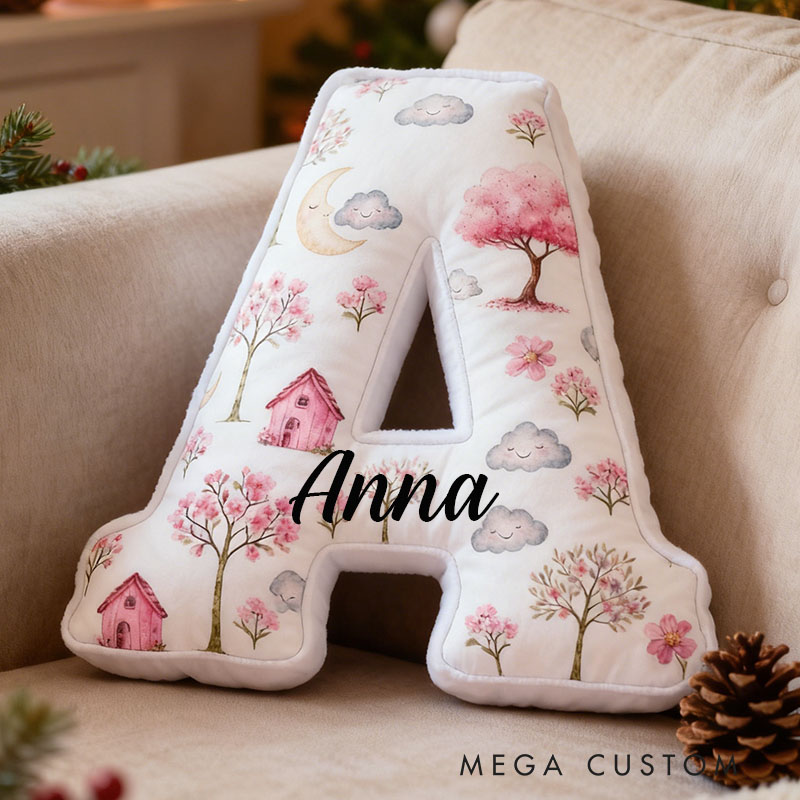 Personalized Letter Pillow Custom Whimsical Pink Cottage And Nature Design Soft Cushion Adorable Home Decor Perfect Gift For Kids Bedrooms