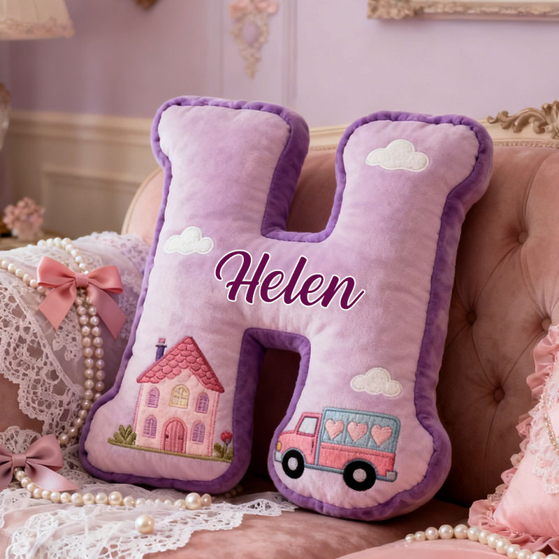 Personalized Letter Pillow Custom Purple Cottage And Heart Truck Design Perfect Gift For Kids Bedrooms Or Special Occasions Graphic 3D Print