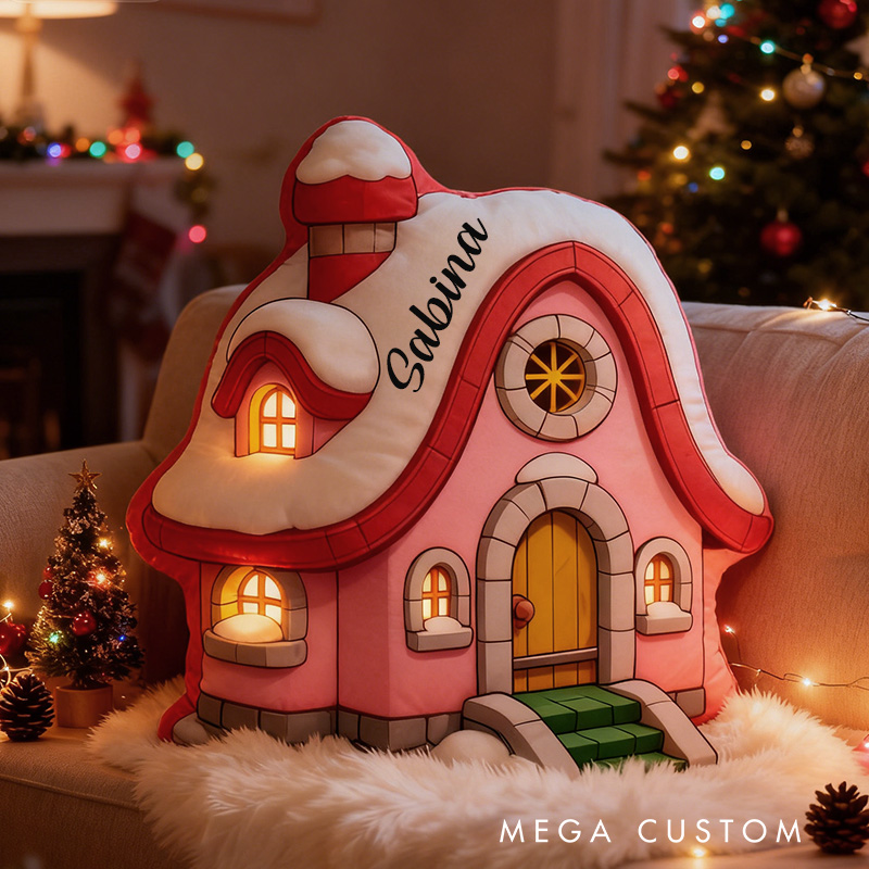 Personalized Cottage Pillow Custom Snowy Pink House Design Holiday Home Decor Perfect Gift For Kids Graphic 3D Print