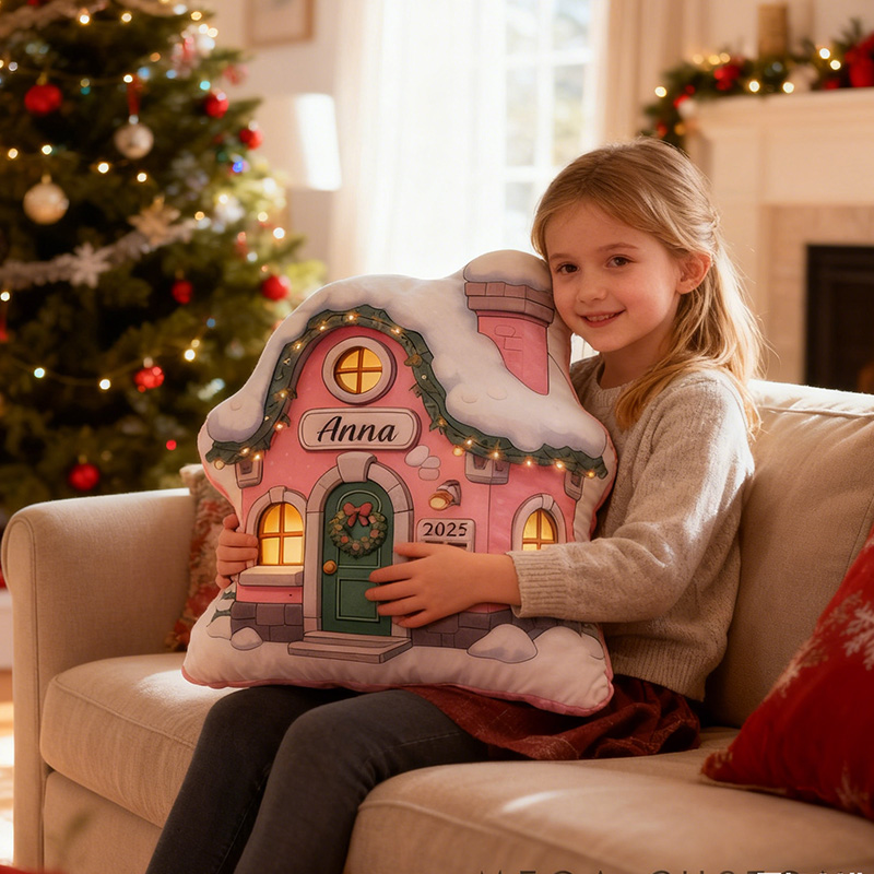 Personalized Christmas Cottage Pillow Custom Snowy Pink House Design Holiday Home Decor Christmas Gifts Graphic 3D Print