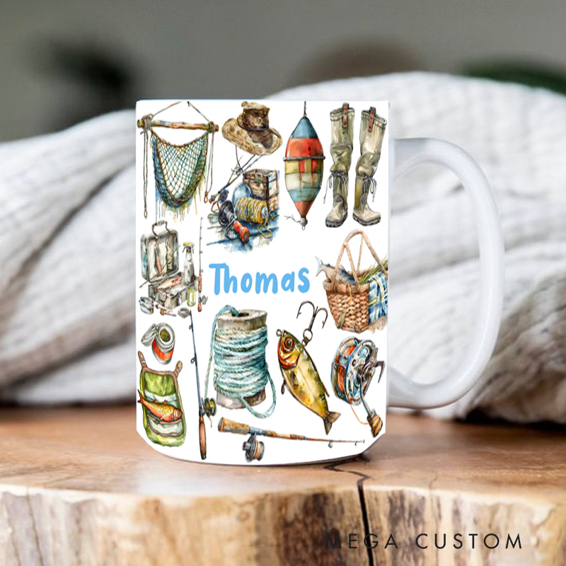 Personalized Fishing Mug Fishing Gear Design Custom Name Perfect Gift for Fishing Lovers Durable Ceramic Coffee Cup for Daily Use