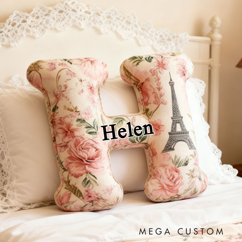 Personalized Letter Pillow Custom Paris Eiffel Tower And Floral Design Soft Plush Cushion Elegant Home Decor Graphic 3D Print