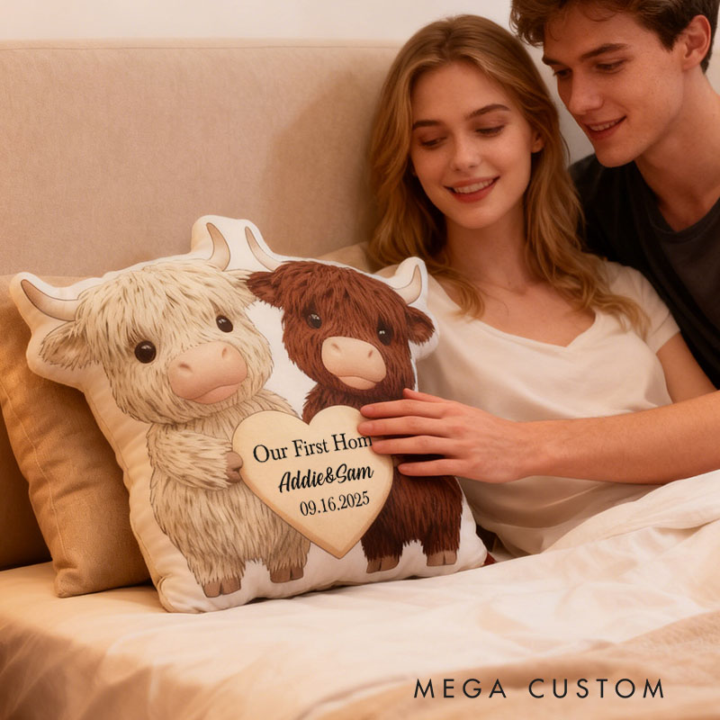 Personalized Couple Pillow Custom Highland Cow Design Soft Plush Cushion Cute Home Decor Perfect Gift For New Home Anniversaries Graphic 3D Print