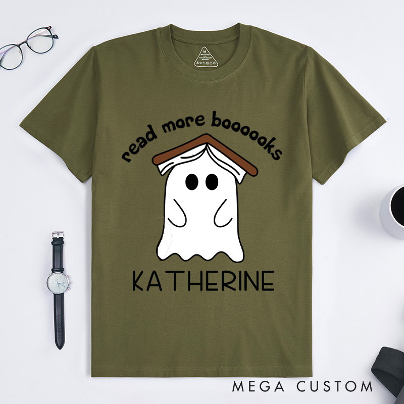 Personalized Ghost Book Classic T-Shirts Fall Spooky Season Tshirt Book Lover Shirt Cute Reading Ghost Shirt Halloween Gift Librarian Gift