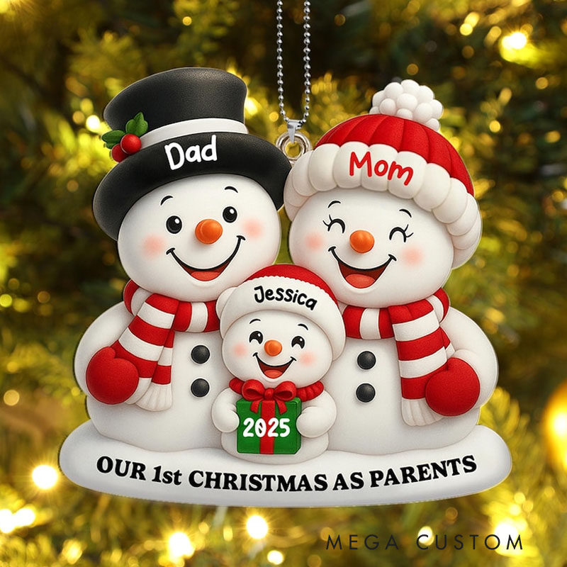 Personalized Family of 3 Christmas Ornament 2025 Our 1st Christmas as Parents Acrylic Snowman Xmas Tree Decor New Parents Christmas Gifts