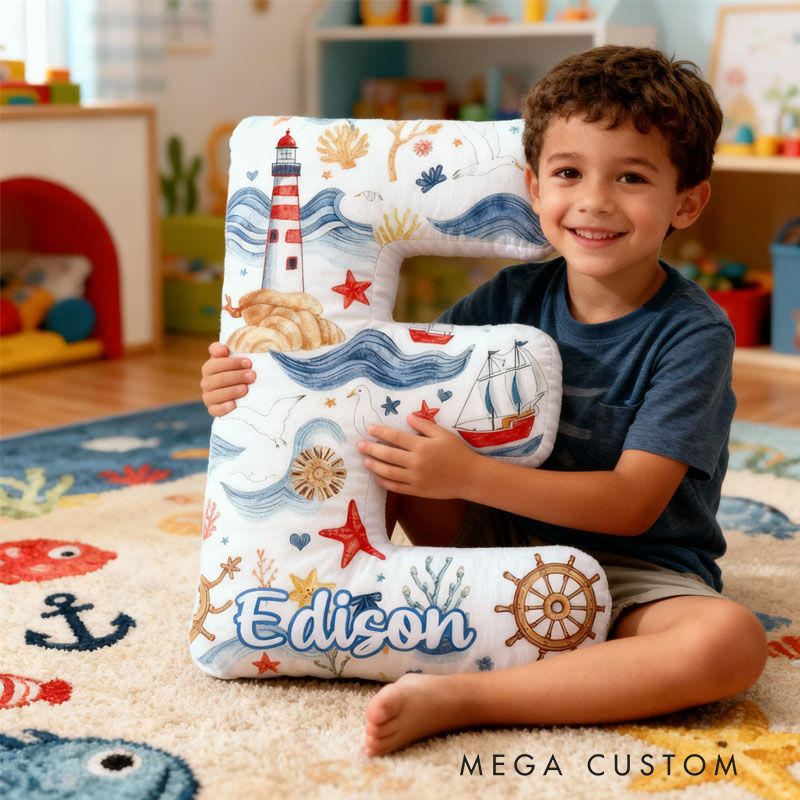 Personalized Letter-Shaped Pillow Lighthouse Sailboat Design Perfect Gift for Children