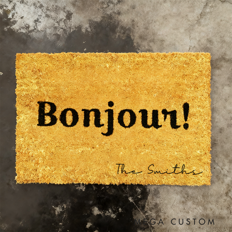 Personalized Bonjour Doormat with Custom Family Name for Home Entrance Gift