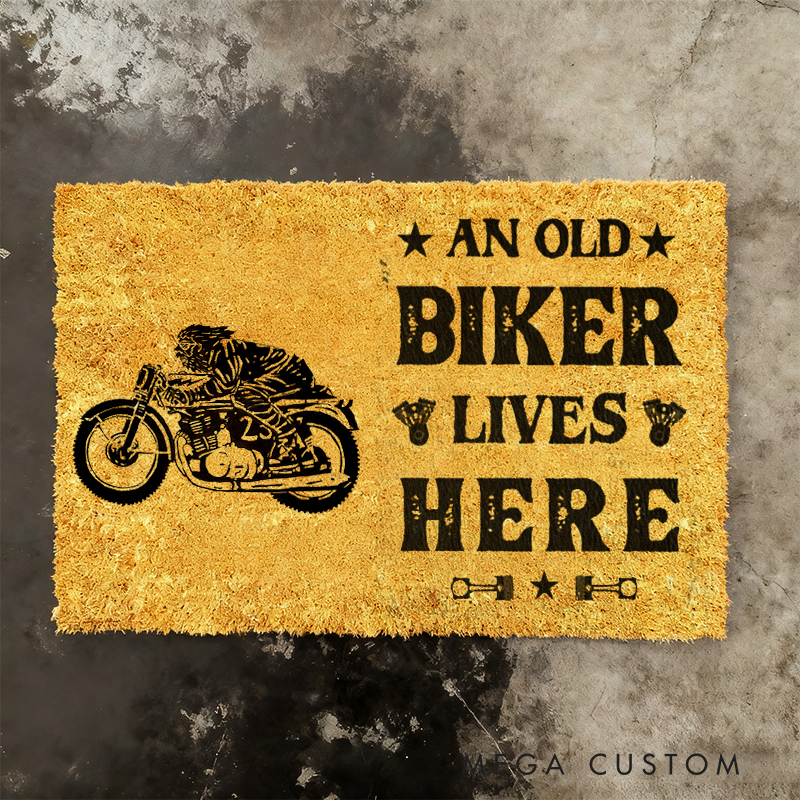 Personalized Custom text An Old Biker Lives Here Doormat with Motorcycle Design Gift