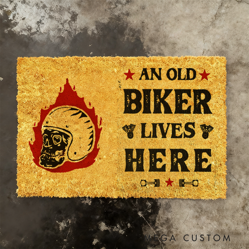 Personalized An Old Biker Lives Here Doormat with Helmet Skull and Flame Design for Motorcycle Lovers Gift