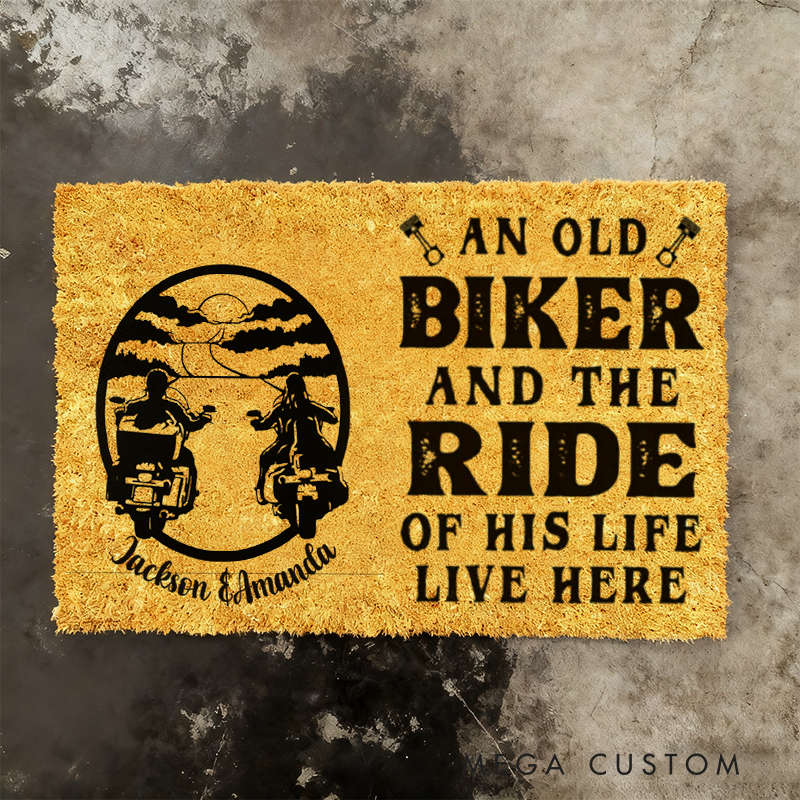 Personalized An Old Biker and the Ride of His Life Live Here Doormat with Custom Names for Motorcycle Enthusiasts