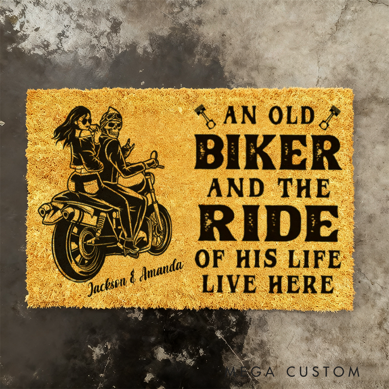 Personalized An Old Biker and the Ride of His Life Live Here Doormat with Custom Names and Motorcycle Couple Design