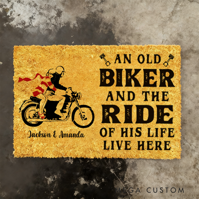 Personalized An Old Biker and the Ride of His Life Live Here Doormat with Custom Names and Classic Motorcycle Couple Design