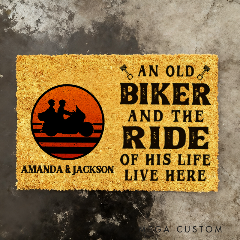 Personalized An Old Biker and the Ride of His Life Live Here Doormat with Sunset Motorcycle Couple Design Gift