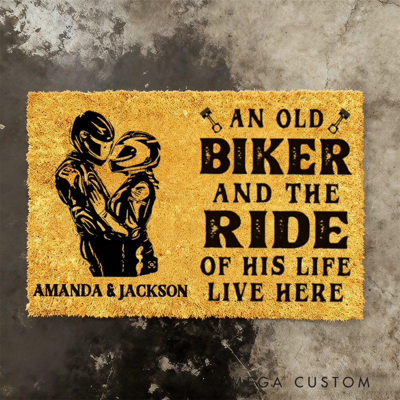 Personalized Biker and the Ride of His Life Live Here Doormat with Romantic Motorcycle Couple Design Design Gift