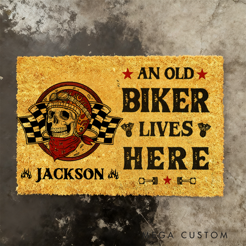 Personalized An Old Biker Lives Here Doormat Skull and Checkered Flag Design Gift for Motorcycle Enthusiasts