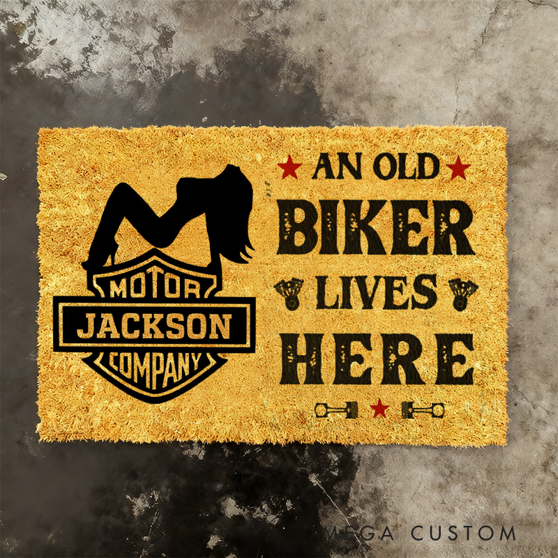Personalized An Old Biker Lives Here Doormat with Custom Name and Bold Design Perfect Gift for Motorcycle Enthusiasts