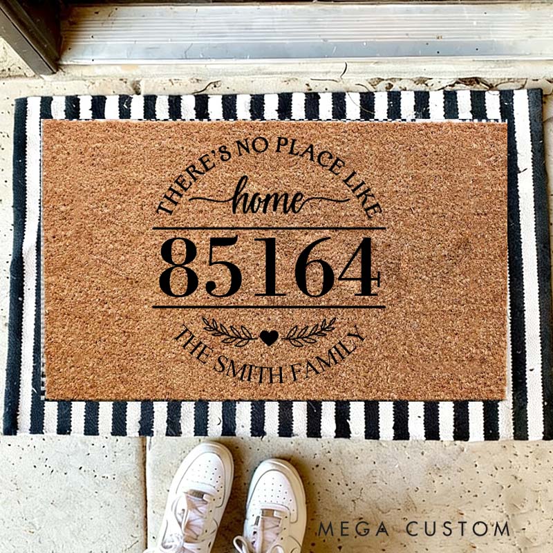 Personalized There's No Place Like Home Doormat Custom Zip Code And Family Name Durable Coir Rug Decorative Accent For Entryways Or Housewarming Gifts