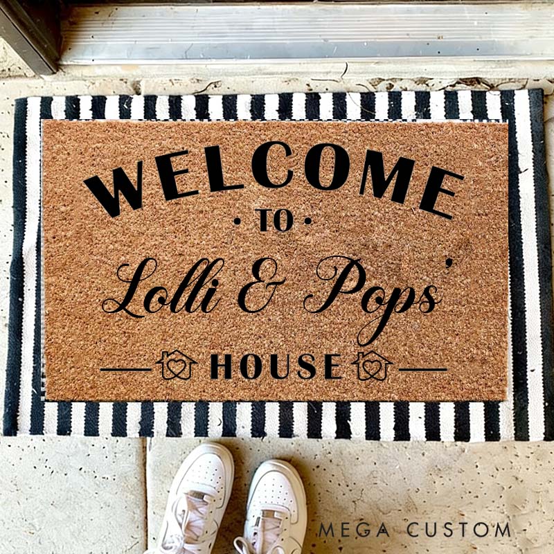 Personalized Welcome To Lolli & Pops’ House Custom House Doormat Durable Coir Rug Elegant Decorative Accent For Entryways Porches Housewarming Gifts