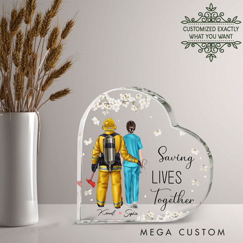 Personalized Heart Acrylic Plaque Firefighter and Nurse Saving Lives Together Valentine's Day Gift
