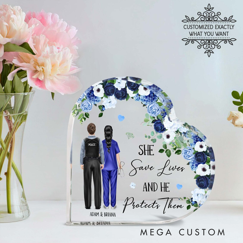 Personalized Valentine's Day Gift Police Officer and Nurse Heart Acrylic Plaque