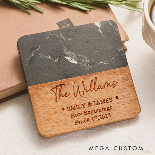 Personalized Coasters Wedding Housewarming Gift Custom Marble and Wood Coaster Engraved Engagement Gift for Couple New Home Valentines Gift