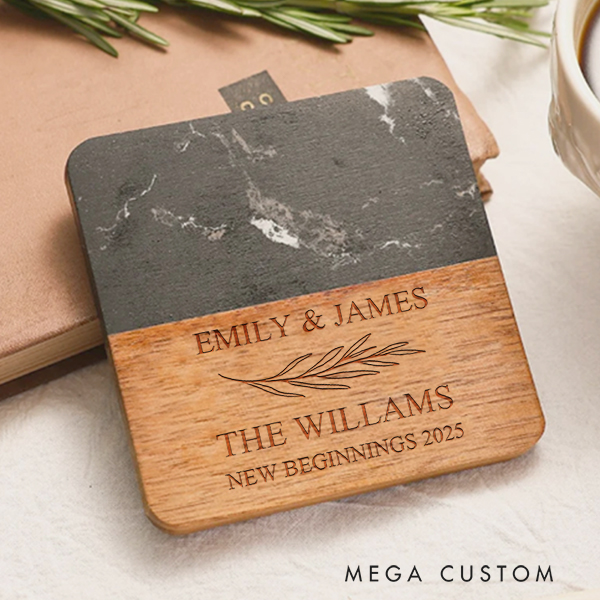 Personalized Marble and Wood Coaster Wedding Housewarming Gift New Beginnings Coaster New Home Gift for Couple 2025 Anniversary Gift
